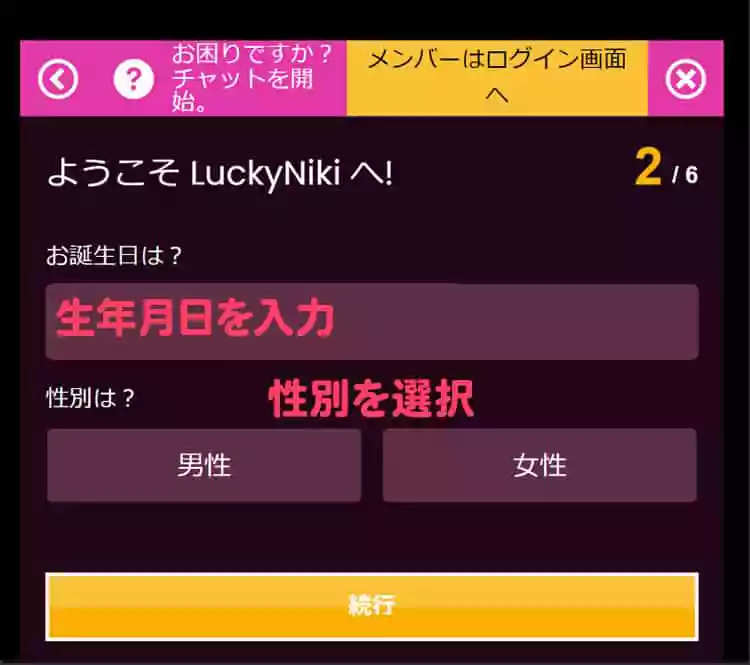 誕生日（西暦）、性別を入力します