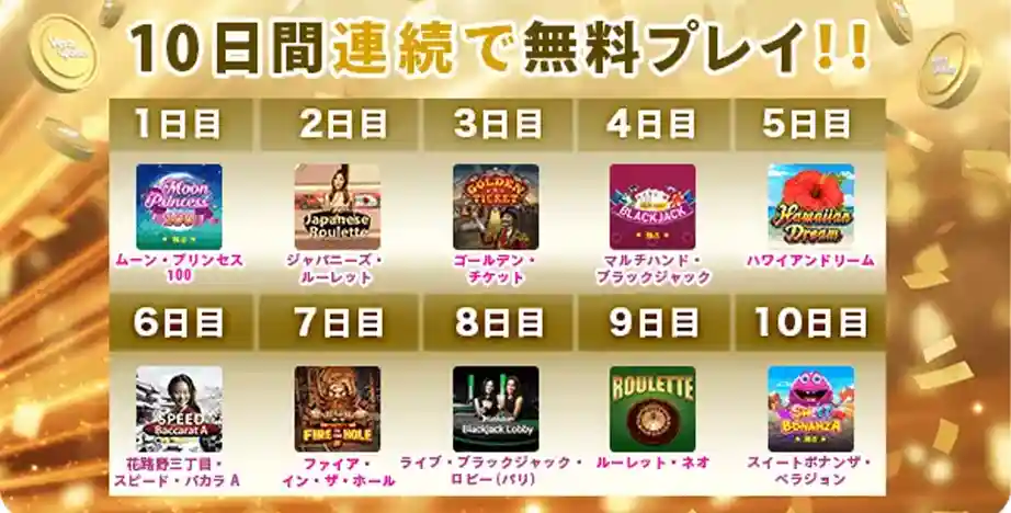 10日間もらえる$50分の無料スピンクレジット