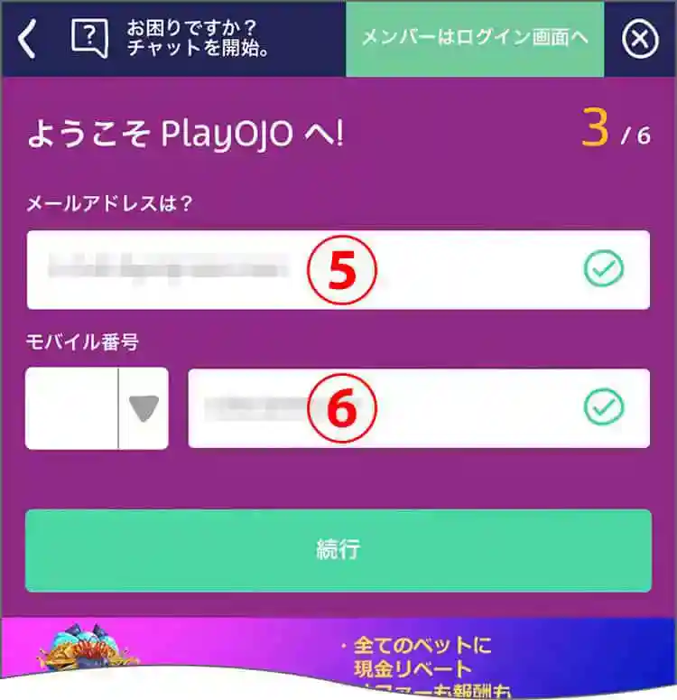 メールアドレス、電話番号の入力画面