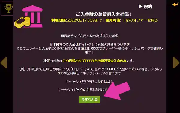 プロモーションから欲しいボーナスを選んで入金