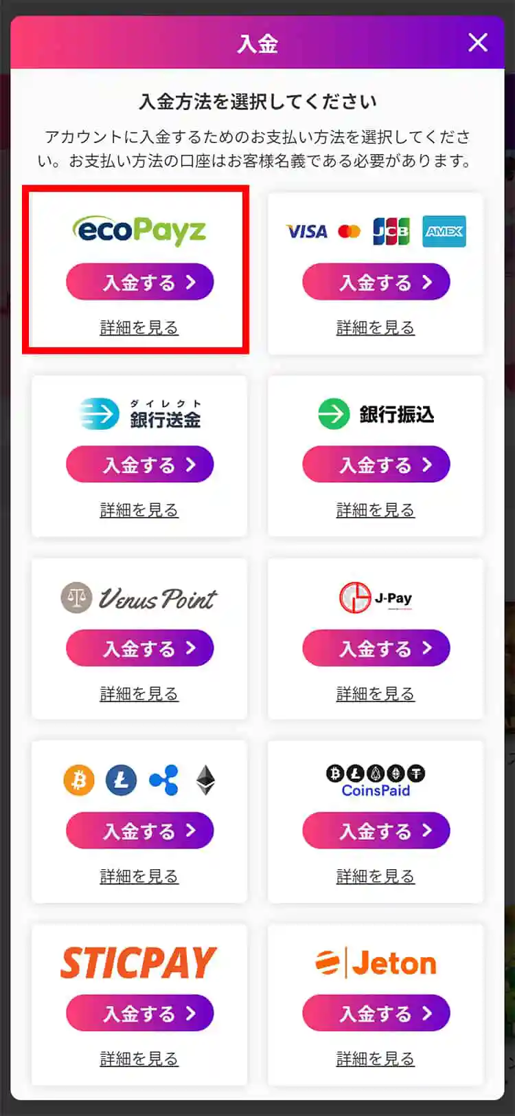 使用する電子決済サービスを選択