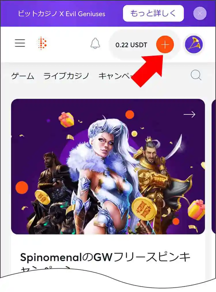 「入金」をクリックして入金ページを開く