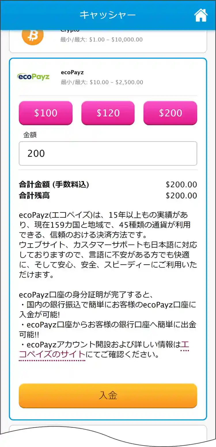 「Payz」を選択し、「入金」をタップ
