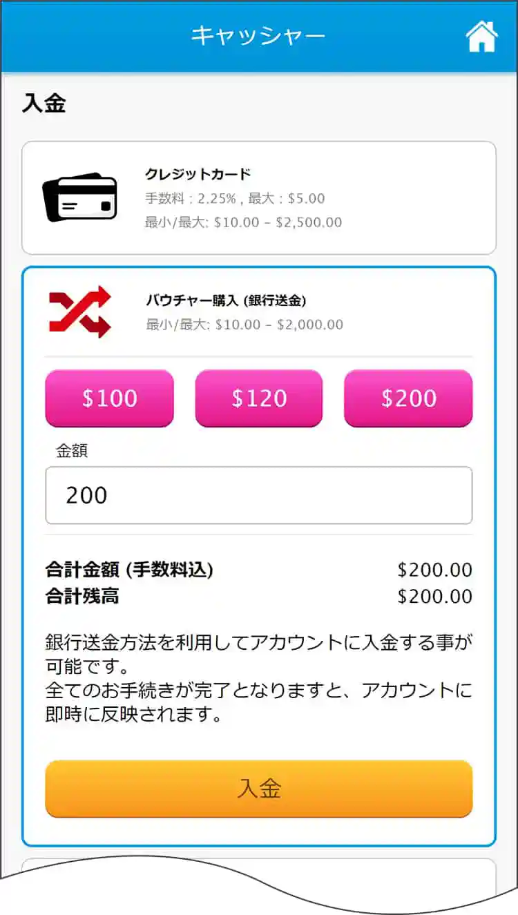 「バウチャー購入（銀行送金）」を選択して「入金」ボタンをタップ