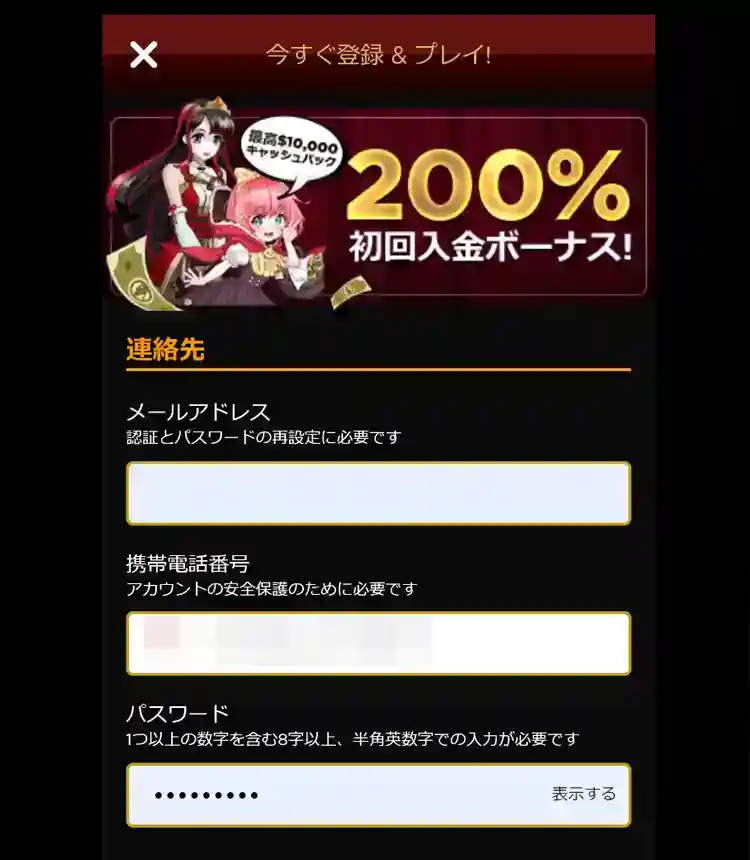 メールアドレスなどの情報を入力