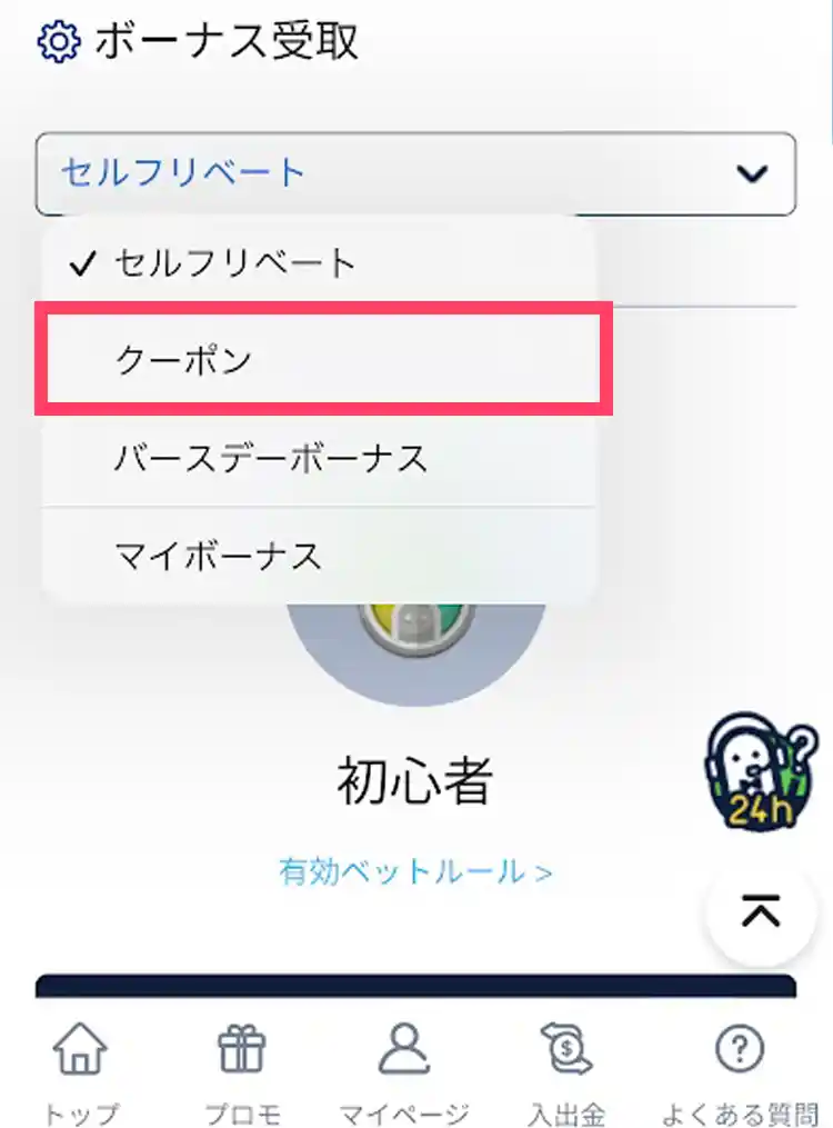 「ボーナス受け取り」の「クーポン」を選択